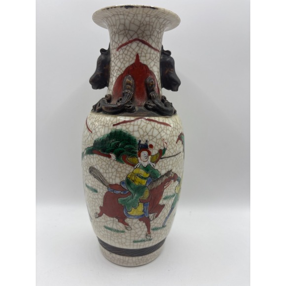 Other - Vintage Chinese Crackle Glaze Porcelain Vase Warrior Battle Scene 8 Inch